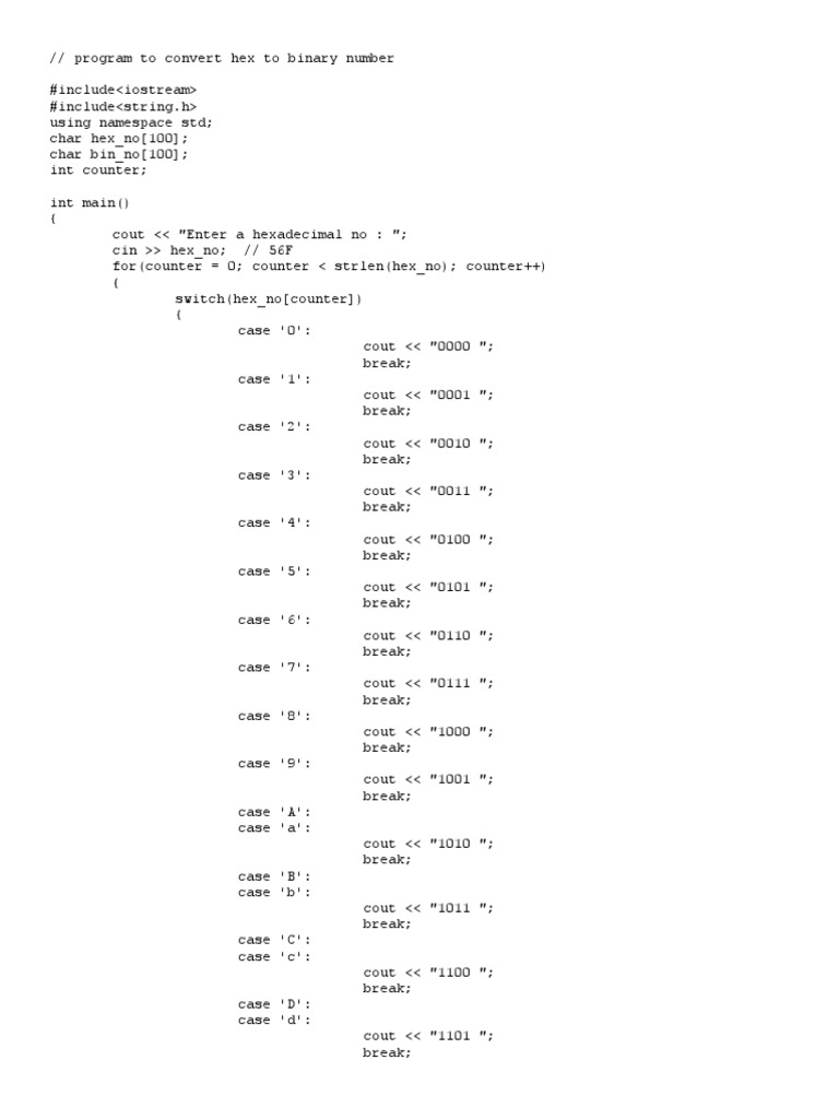 Hex to Binary Conversion Program | PDF | Elementary Mathematics | Computing