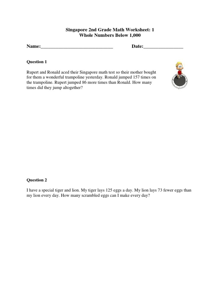 Singapore 2nd Grade Math Worksheet 1 PDF