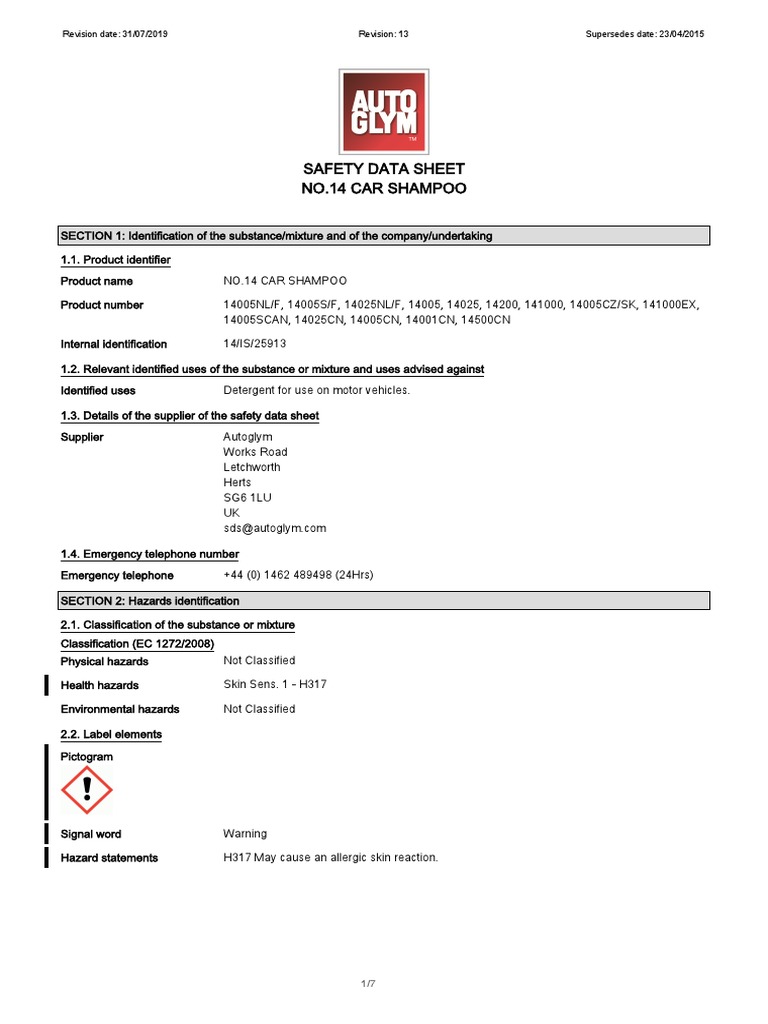 Car Shampoo Safety Data Sheet PDF PDF Dangerous Goods Toxicity