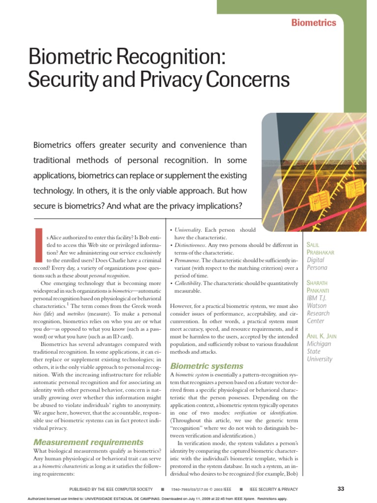 Biometric Recognition Security and Privacy Concerns Biometrics