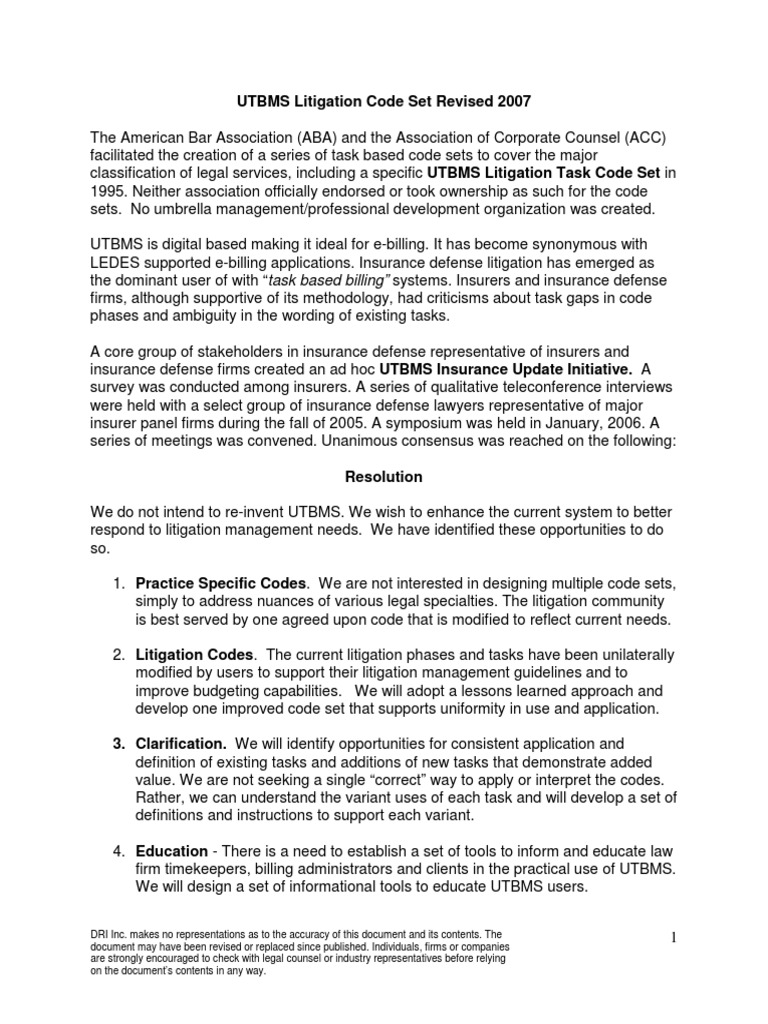 UTBMS Litigation Code Set Update 2007 | PDF | Discovery (Law ...