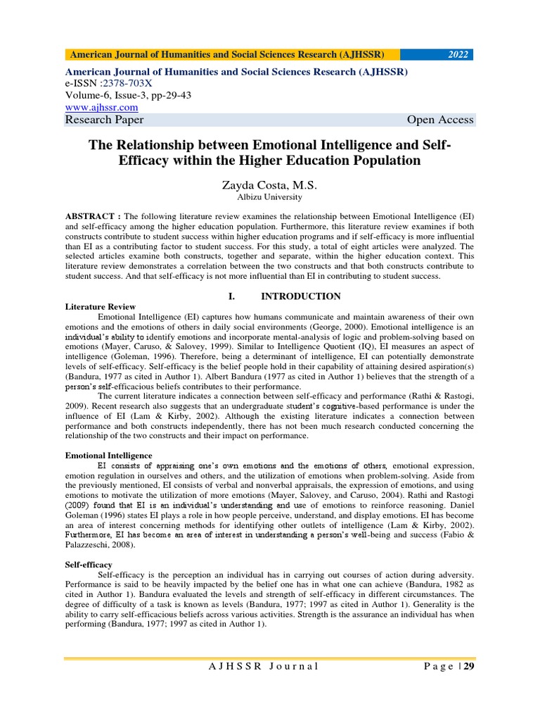 EI and Self-Efficacy in Higher Education | PDF | Self Efficacy ...