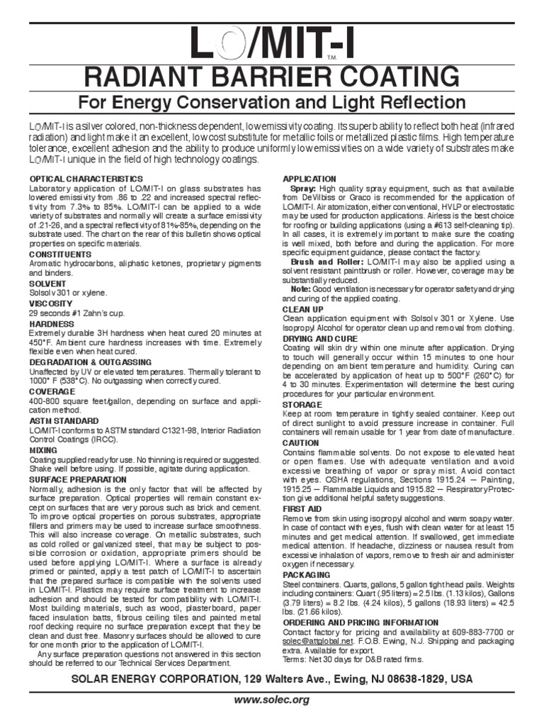 Radiant Barrier Coating For Energy Conservation and Light Reflection