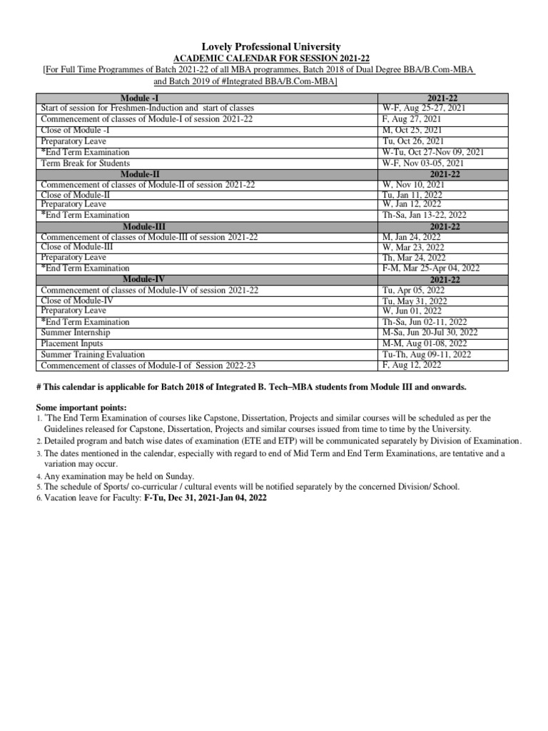 LPU MBA Academic Calendar 2021-22 | PDF | Career And Technical ...