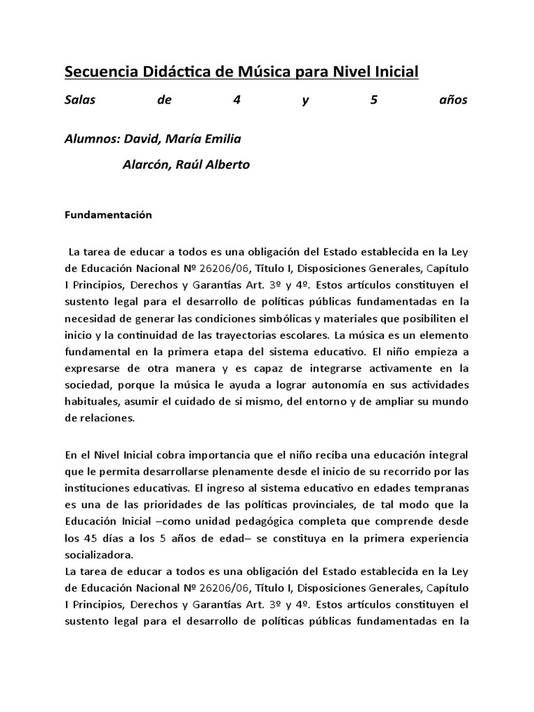 Planificación de Música para Nivel Inicial | PDF | Educación de la ...