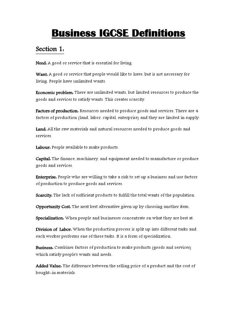 IGCSE Business Key Definitions Guide | PDF | Business | Marketing