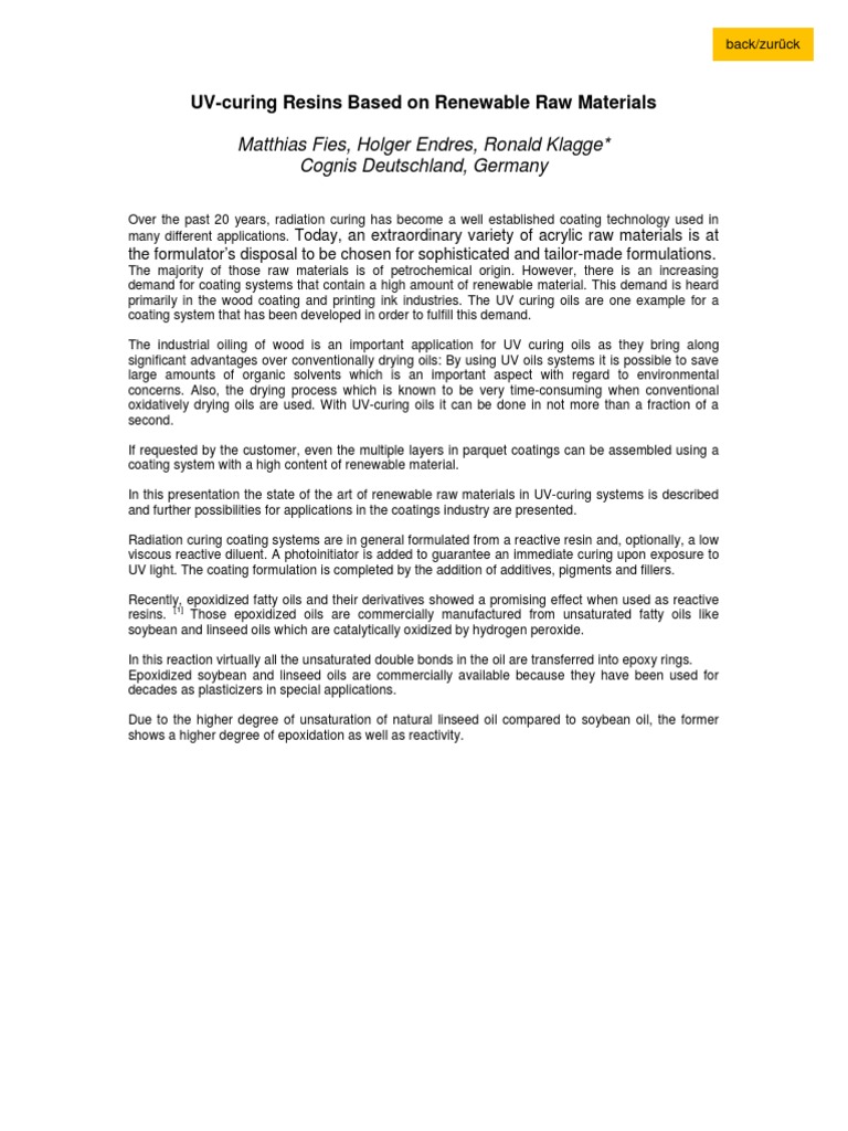 UV Curing Resins Based On Renewable Raw Materials PDF Epoxy