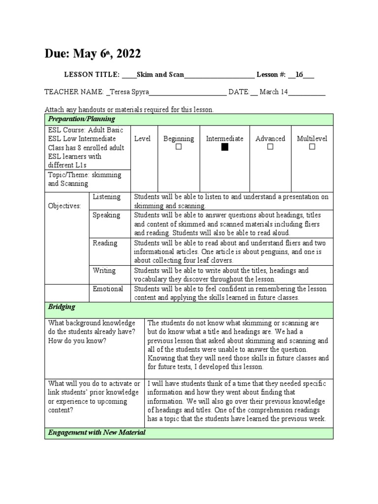 Skim and Scan Lesson Plan PDF Reading Comprehension English As A