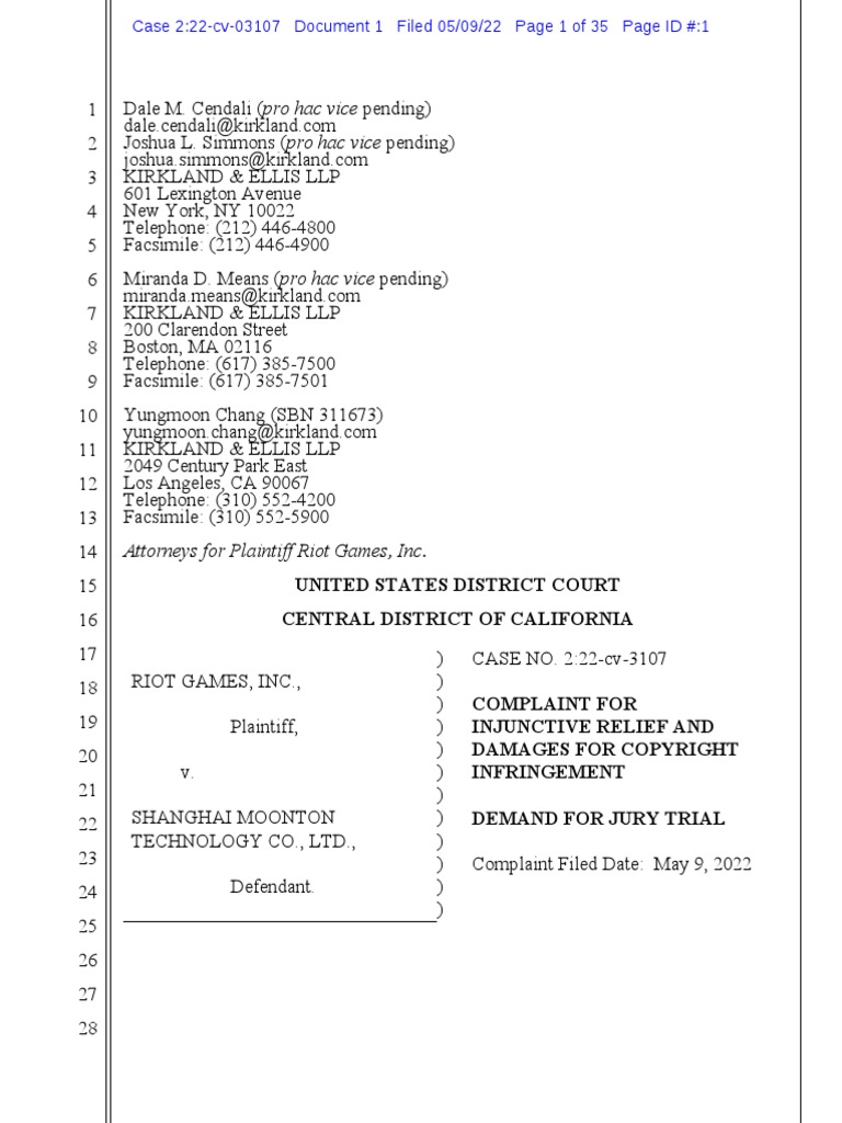Riot Moonton Complaint | PDF | Complaint | Copyright Law Of The United  States