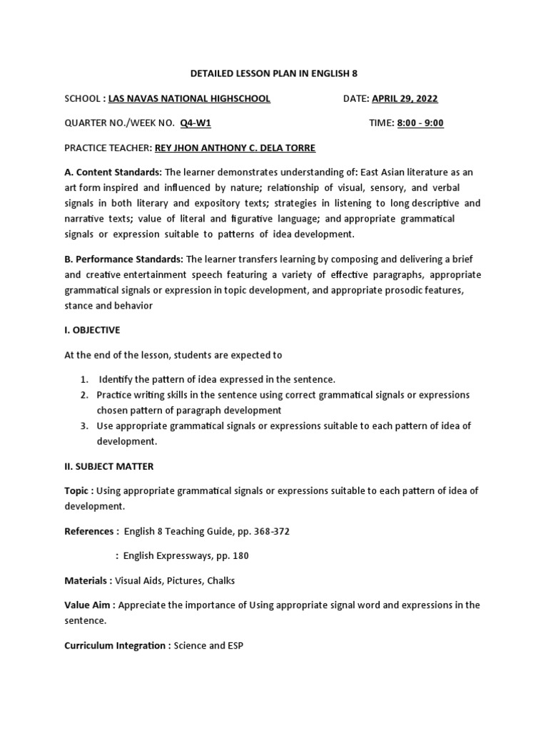 Lesson Plan Using Grammatical Signals or Expression | PDF | Lesson Plan ...