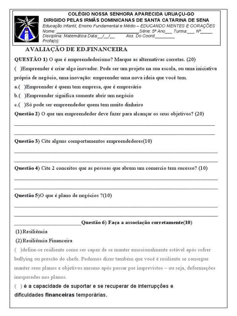 Atividade de Empreendedorismo 5º Ano | PDF | Empreendedorismo | Business