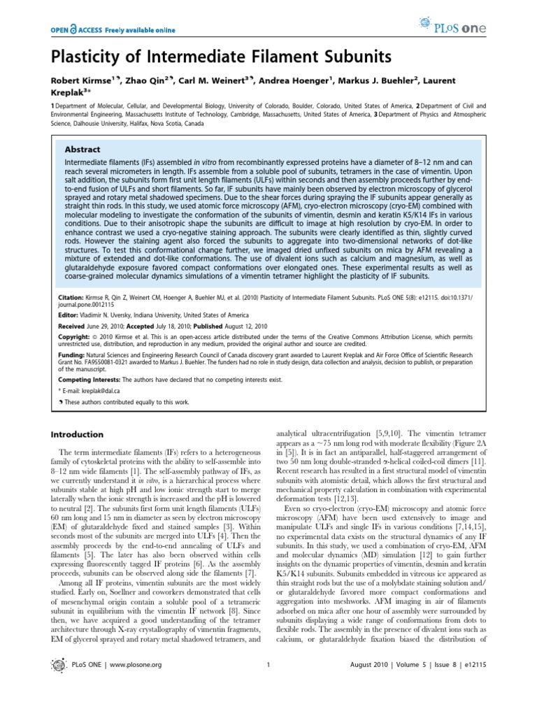 2010 Plasticity of Intermediate Filament Subunits | PDF | Protein ...