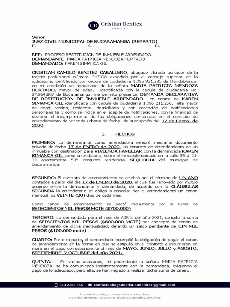 Demanda Restitucion Inmueble Arrenda | PDF