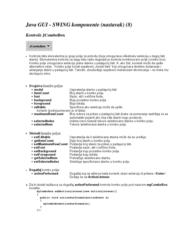 Java Gui - Swing Komponente (Nastavak) (8) : Kontrola Jcombobox | PDF
