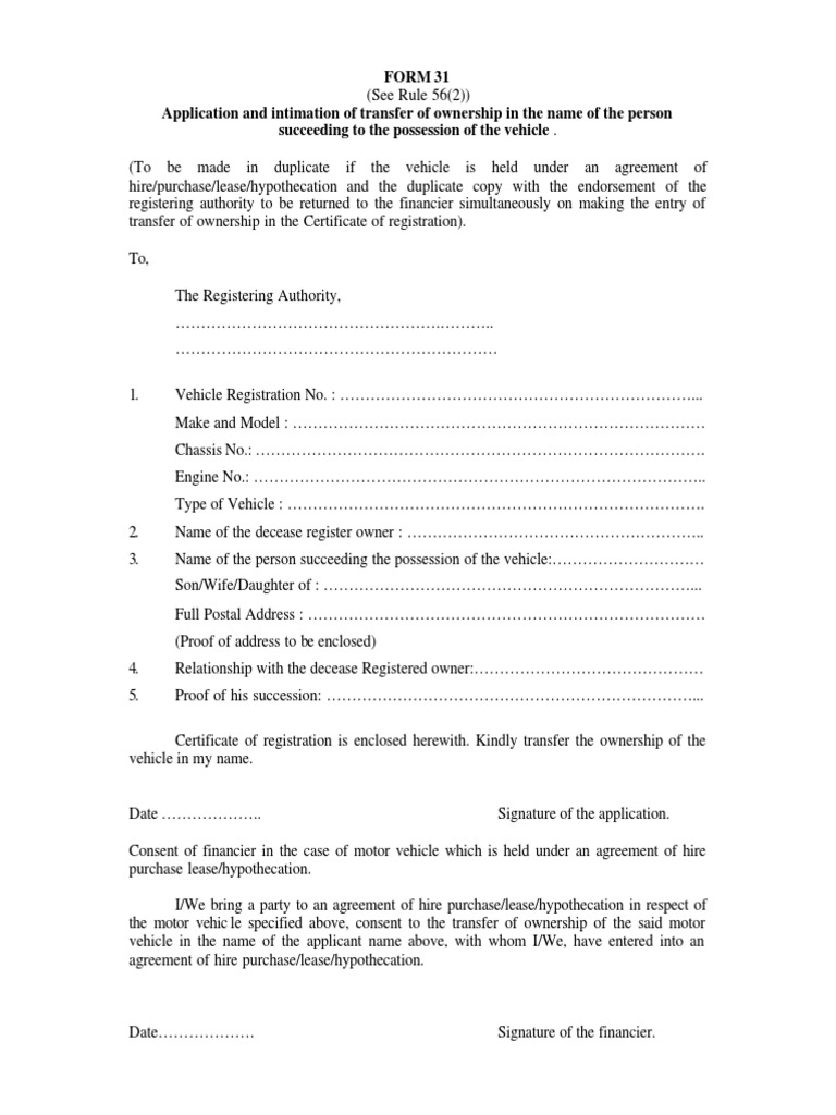 Form 31 Application and Intimation of Transfer of Ownership in The Name ...