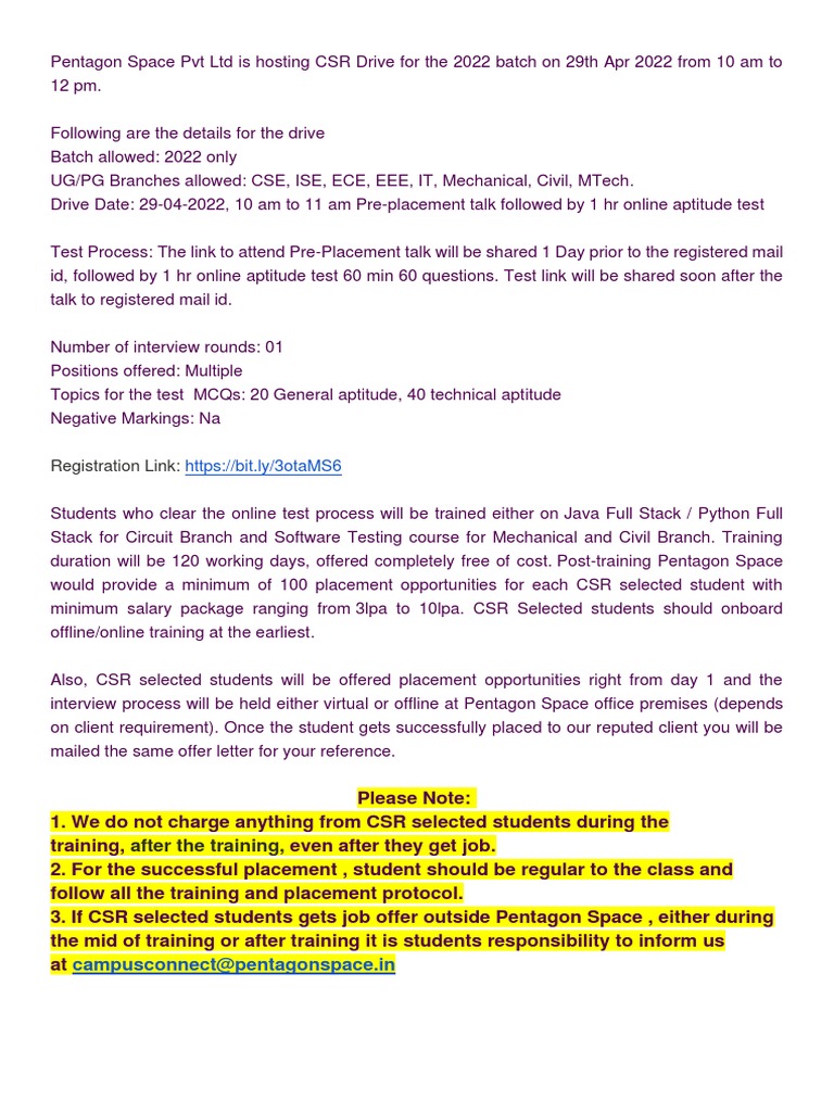 Pentagon Space CSR Drive for 2022 Batch | PDF