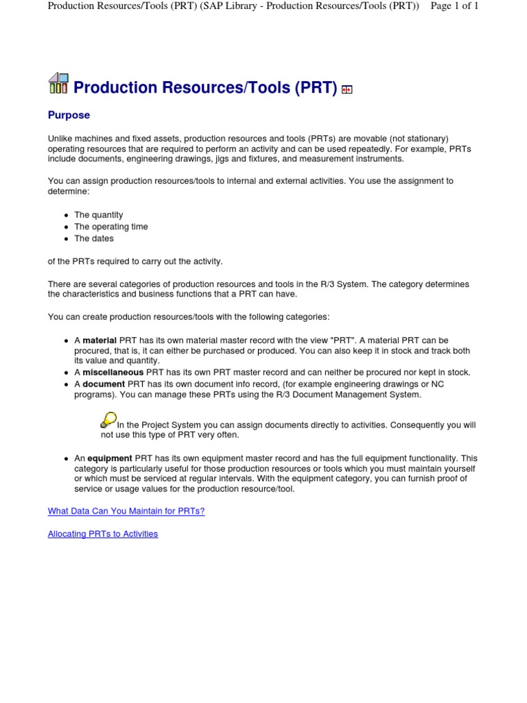 Production Resources/Tools (PRT) Purpose PDF Statistical