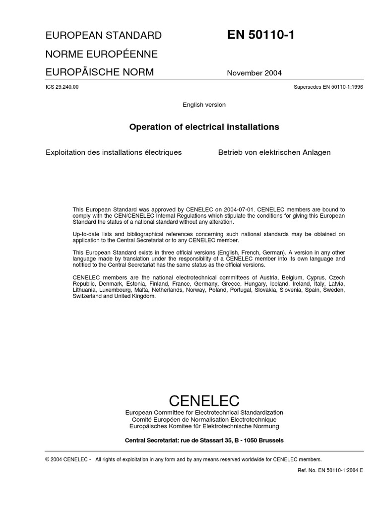 En 50110-1 | PDF | Electrical Wiring | International Electrotechnical ...