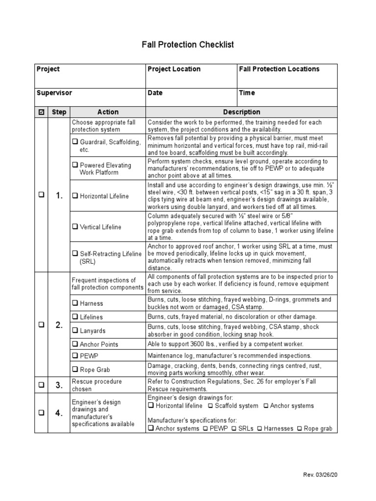 Fall Protection Checklist PDF Scaffolding Anchor