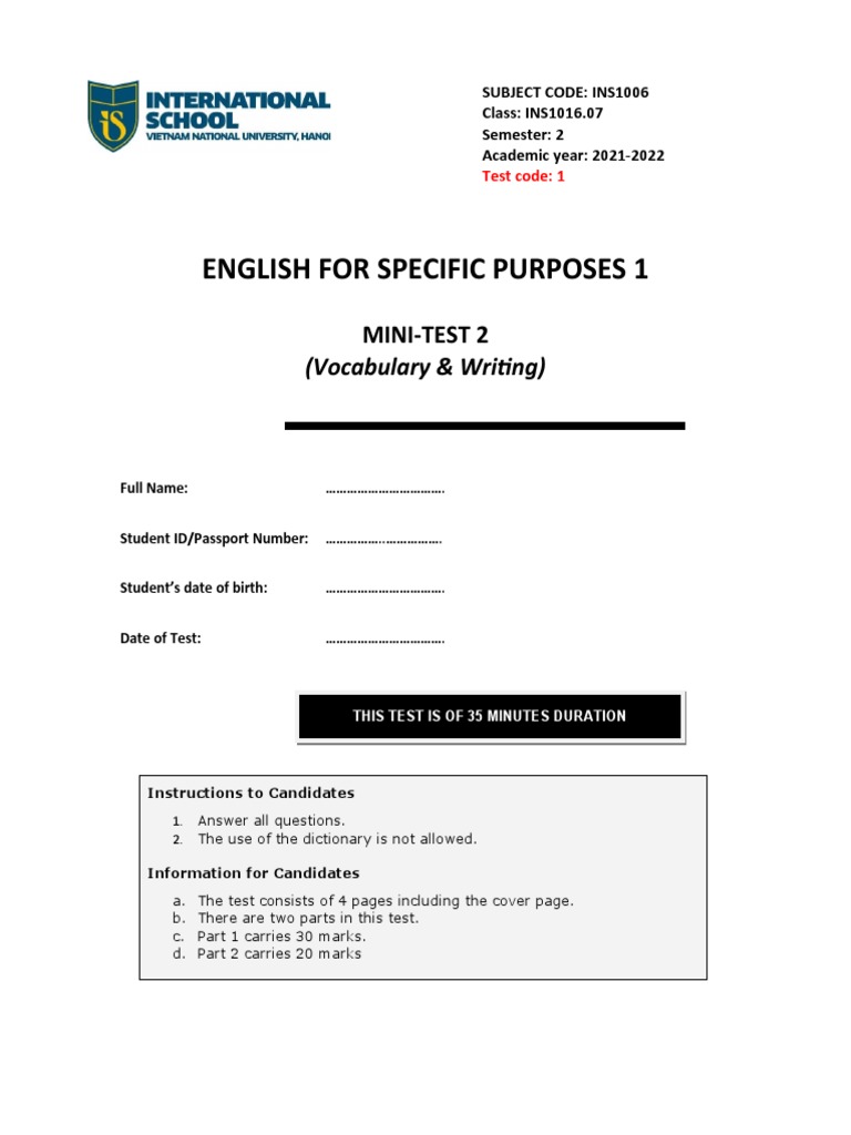ESP Mini-Test 2: Vocabulary & Writing | PDF