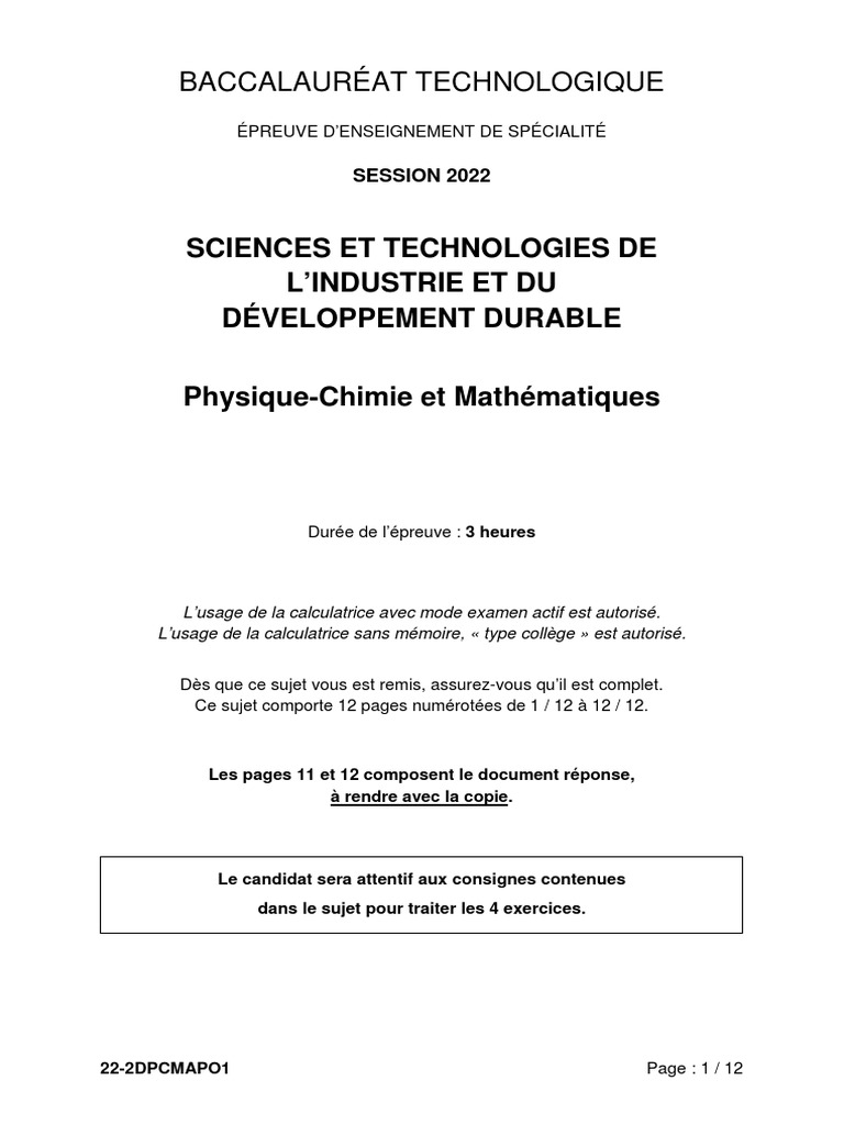 Bac Polynesie 2022 Physique Chimie Corrige BAC STI2D 2022 - Physique-Chimie Et Maths Polynésie | PDF | Kérosène | Pile  à combustible