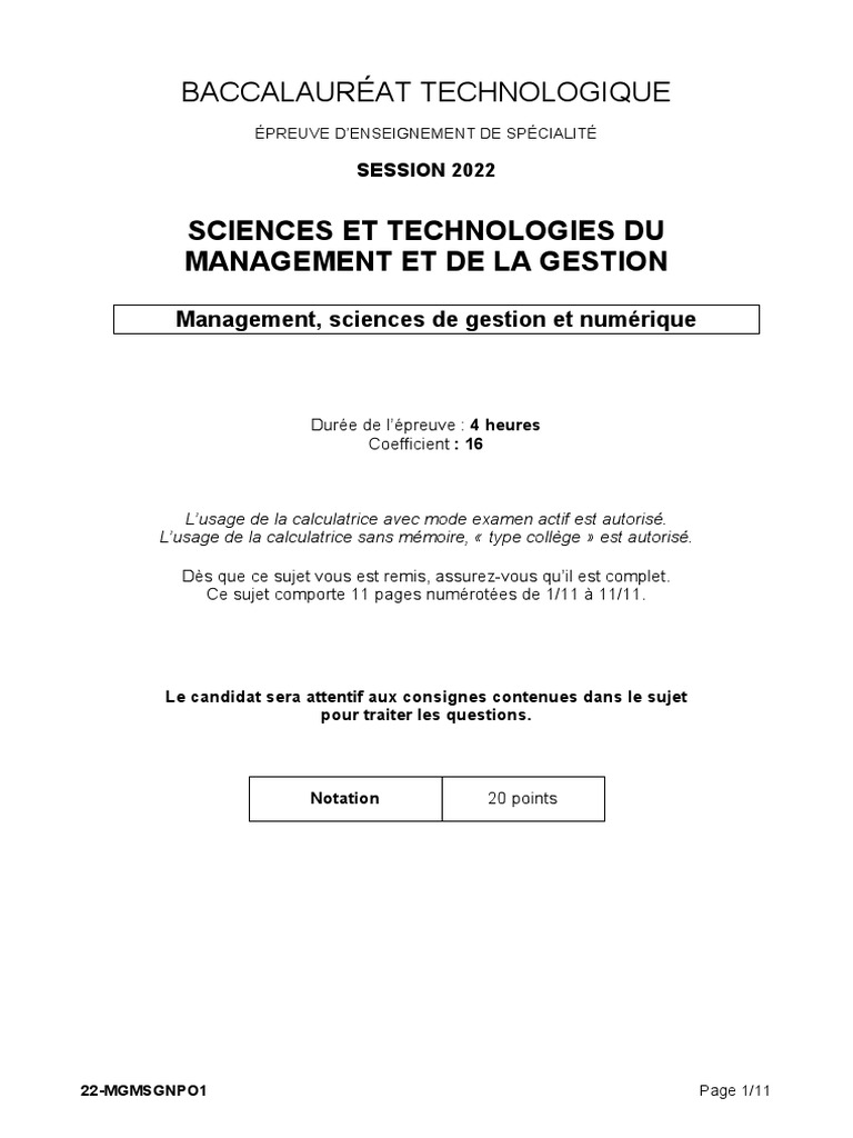 Sujet Bac Droit Stmg 2022 BAC STMG 2022 - Management, Sciences de Gestion Et Numérique Polynésie