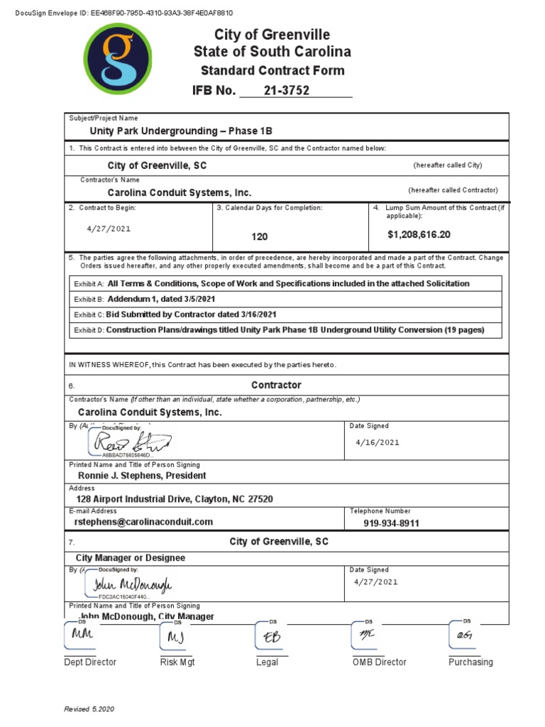 5684 Carolina Conduit Systems, Inc. Unity Park FINAL SIGNED AGREE