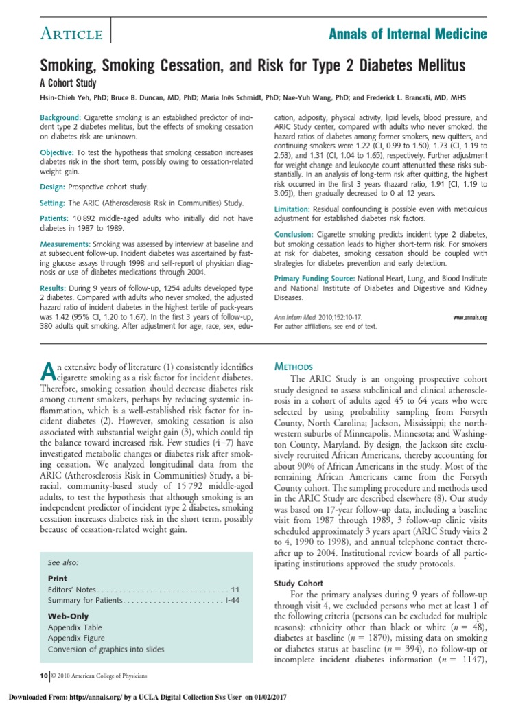 Article Smoking, Smoking Cessation, and Risk For Type 2 Diabetes