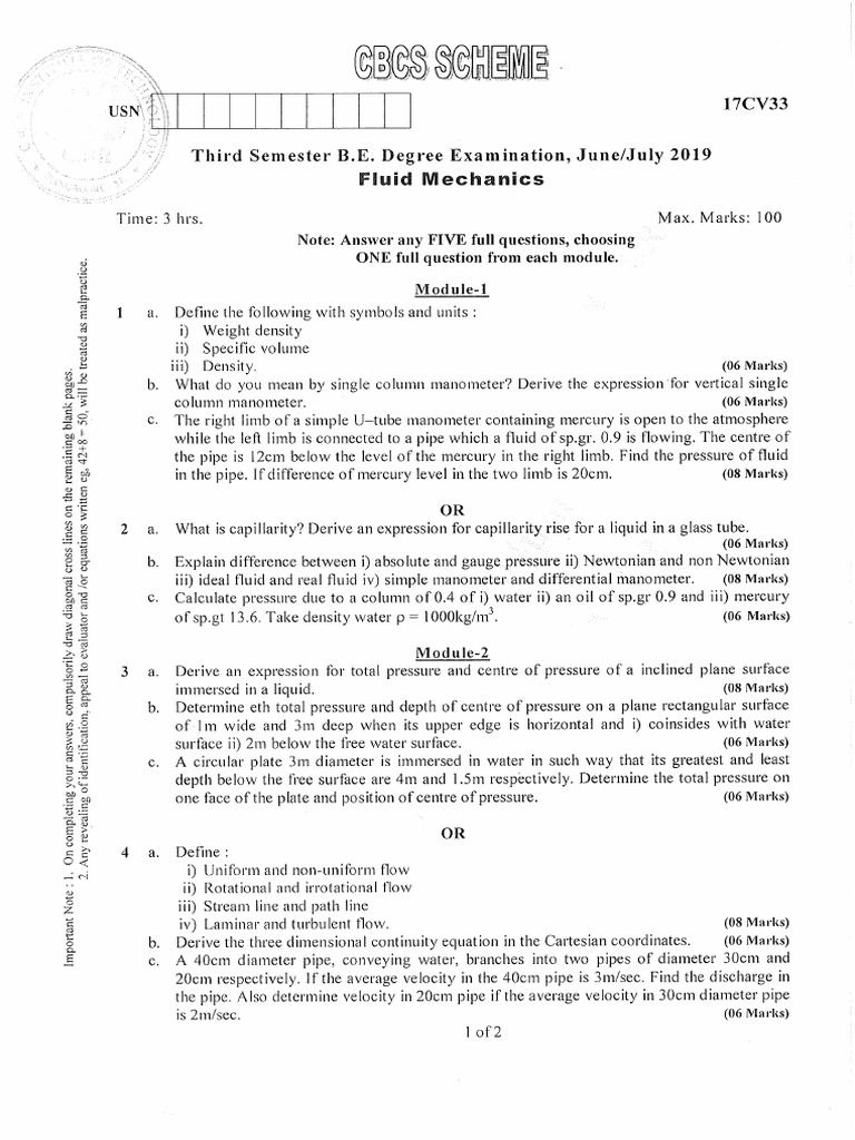 VTU Question Paper of 17CV33 Fluid Mechanics Jun2019 PDF