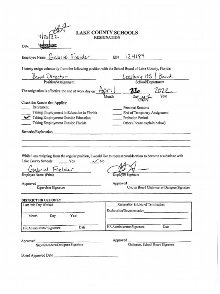 Lake County Schools Resignation Documents For Band Director Guidance