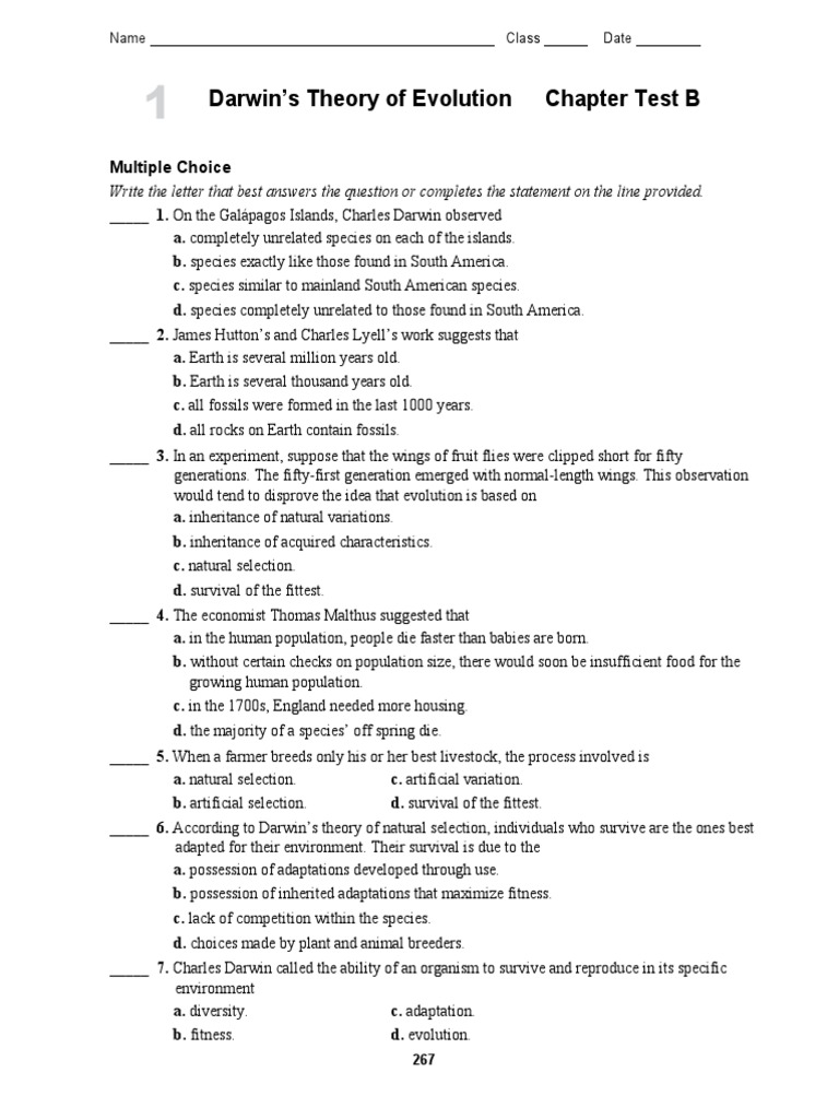 Darwin's Theory of Evolution Chapter Test B Multiple Choice PDF