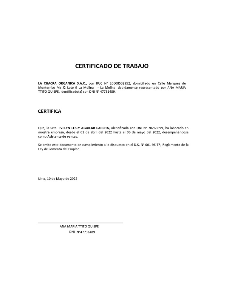 Certificado de Trabajo Evelyn Aguilar | PDF