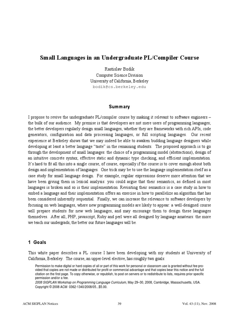 Small Languages in An Undergraduate PL/Compiler Course: Rastislav Bodik ...