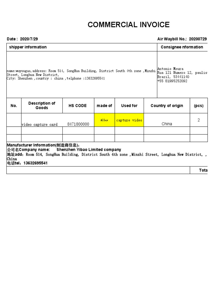 Commercial Invoice Date 2020/7/29 Air Waybill No. 20200729 Shipper