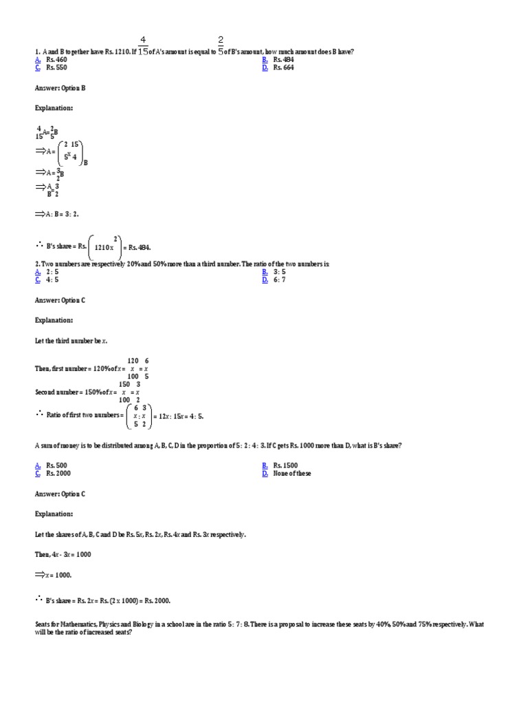 Answers to Math Ratio Questions | PDF | Ratio | Mathematics