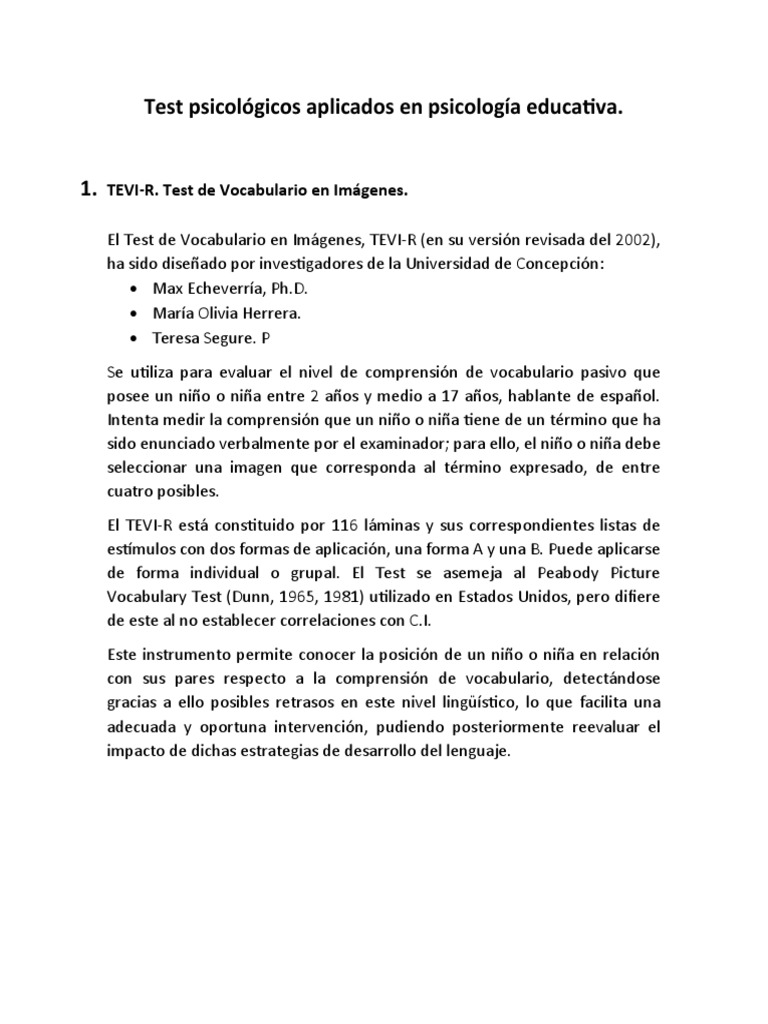 Test Psicológicos Aplicados en Psicología Educativa. | PDF | Psicología ...