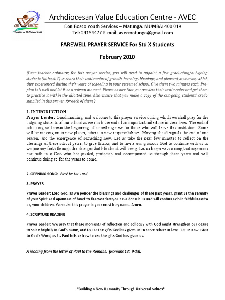 Prayer Service Farewell For Std X Students Pdf Business