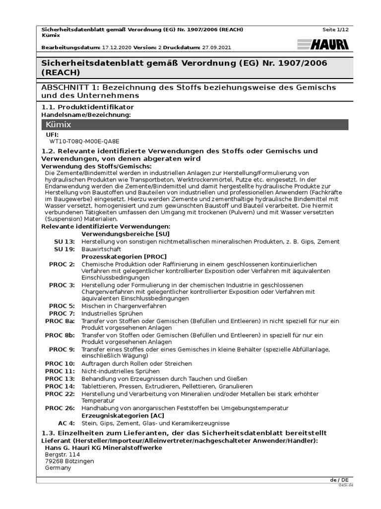 Sicherheitsdatenblatt Gemäß Verordnung (EG) Nr. 1907/2006 (Reach) PDF