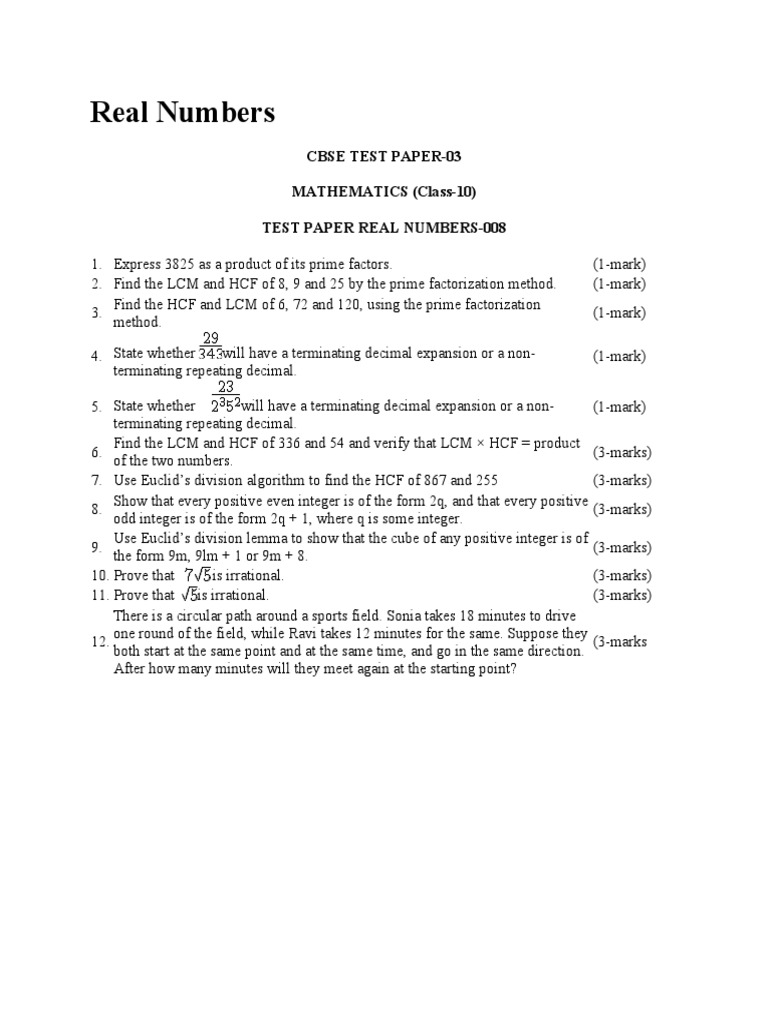 Class 10 Math: Real Numbers Test | PDF | Teaching Methods & Materials