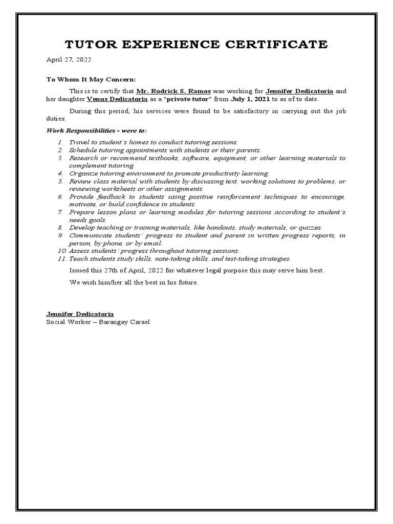 Private Tutor Experience Certificate | PDF