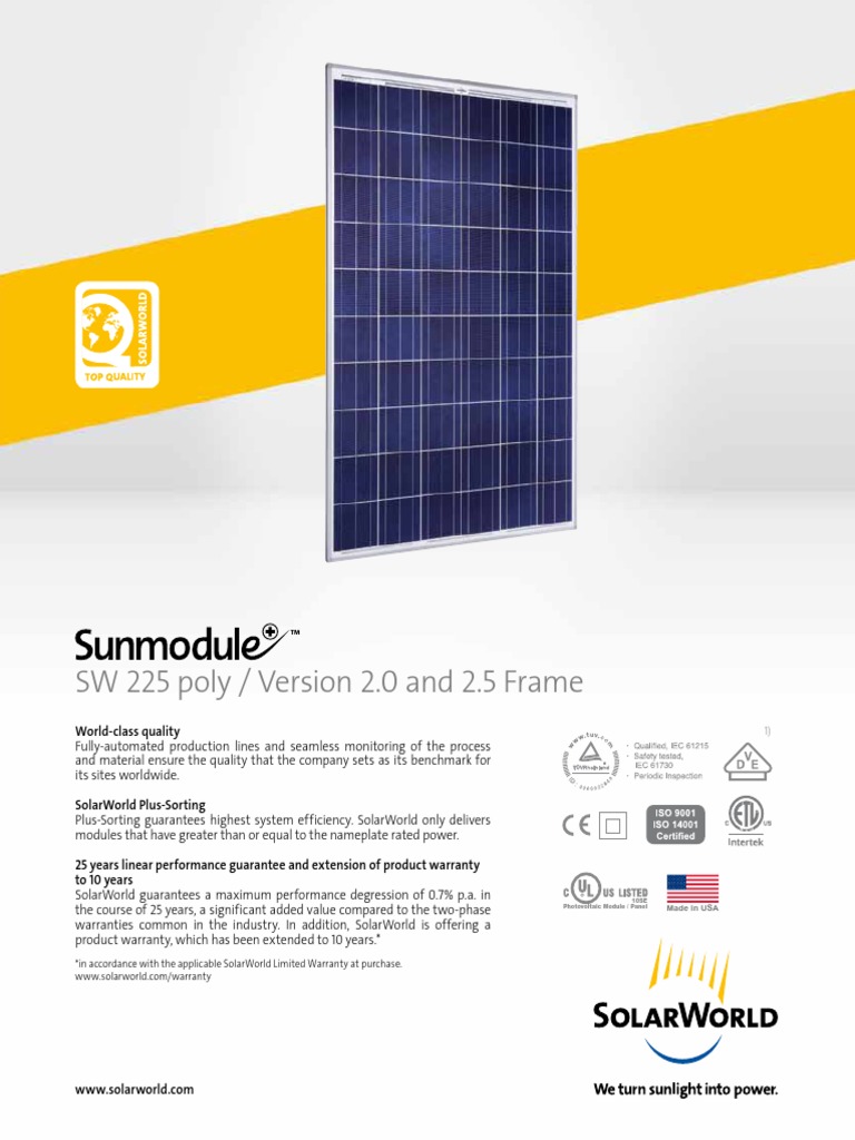 SolarWorld SW 225 Poly Specifications | PDF | Electrical Engineering ...