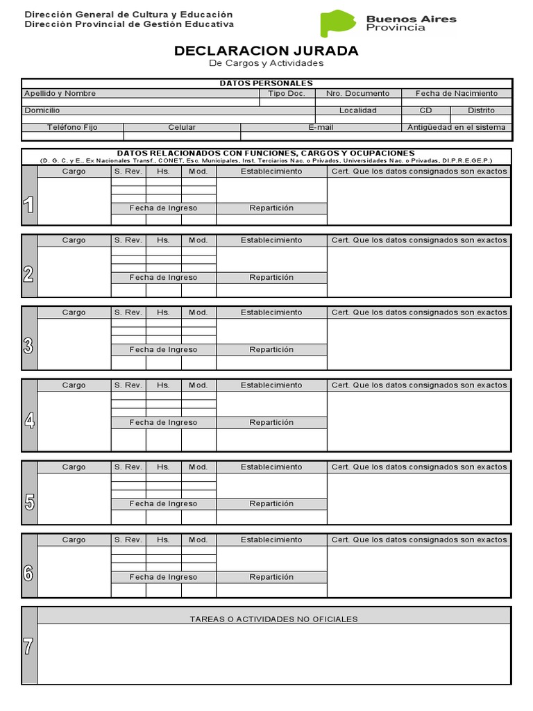 Declaración jurada de cargos y actividades docentes | PDF