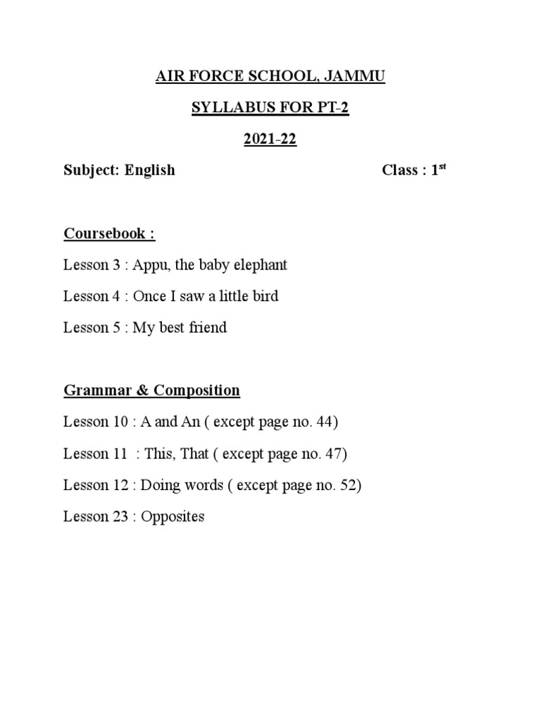 Class 1 English UT 2 Syllabus PDF