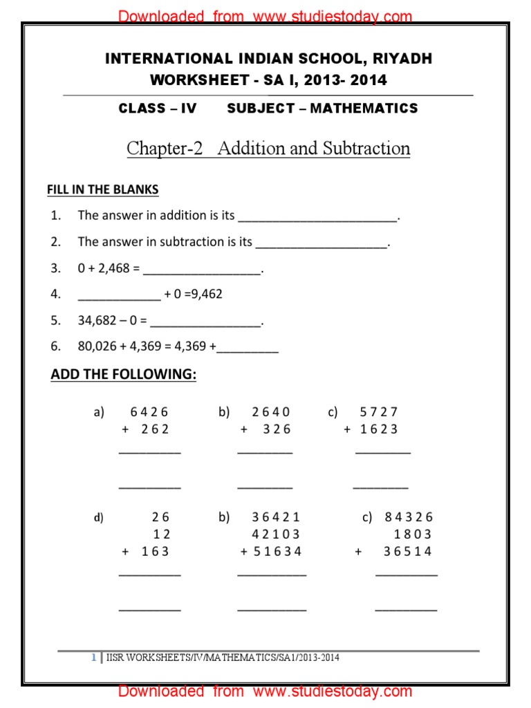 CBSE Class 4 Maths Revision Worksheet (159) Addition and Subtraction