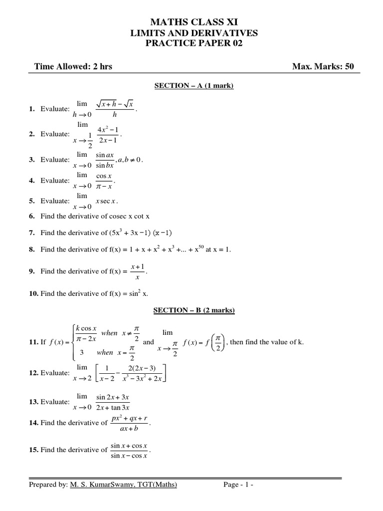 Class 11 Limits and Derivatives Worksheet | PDF | Mathematics ...