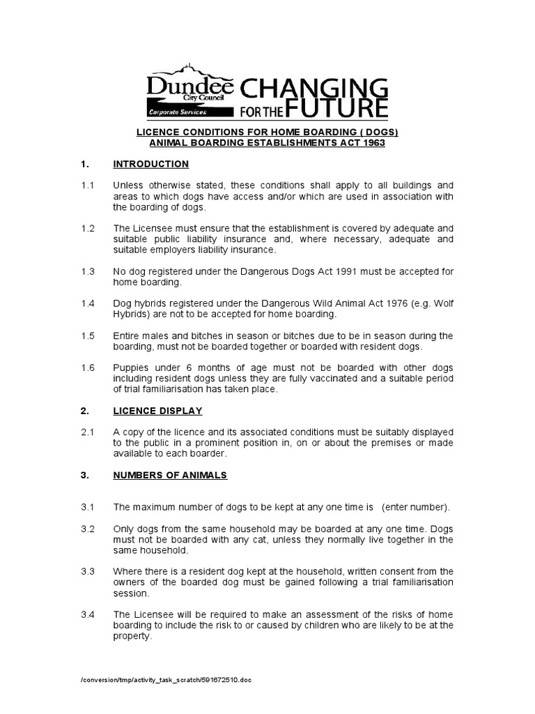 Licence Conditions For Home Boarding (Dogs) Animal Boarding