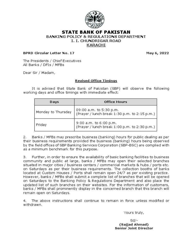 BPRD Circular Letter No. 17 of 2022 Revised Office Timing PDF