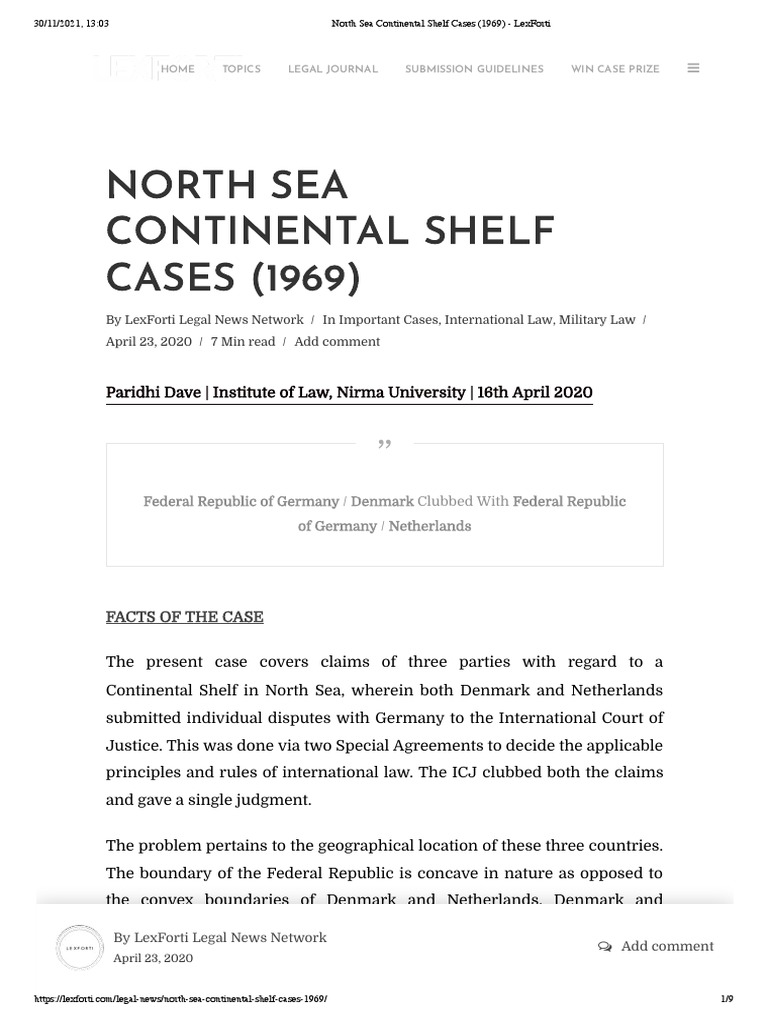 North Sea Continental Shelf Cases (1969) LexForti PDF Territorial Waters International Law
