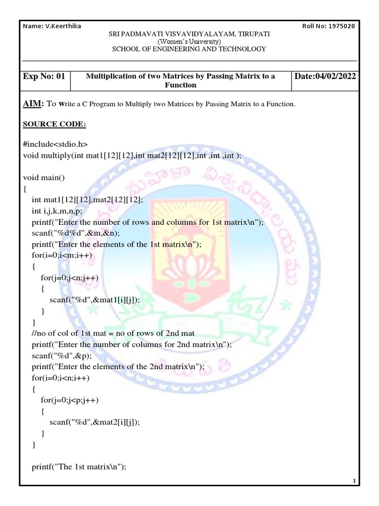 C Programs for Matrix Multiplication & More | PDF | Filename | Matrix ...