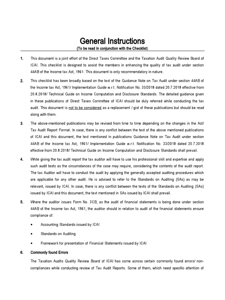 Icai tax audit checklist pdf auditor s report audit